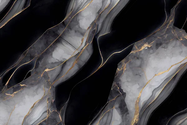 White marble with gold and black onyx surface abstract background. Decorative acrylic paint pouring rock marble texture. Horizontal natural black and gold abstract pattern.