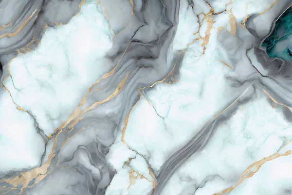 White marble with gold and blue aquamarine surface abstract background. Decorative acrylic paint pouring rock marble texture. Horizontal natural grey and gold abstract pattern.