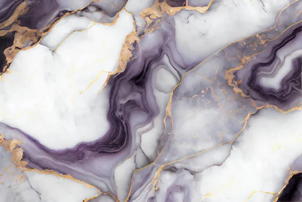White marble with with gold and violet amethyst surface abstract background. Decorative acrylic paint pouring rock marble texture. Horizontal natural gold and purple abstract pattern.