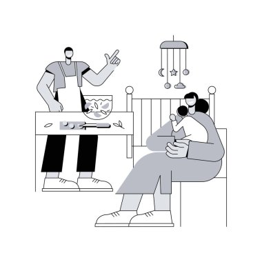 Babam anne soyut konsept vektör illüstrasyonunu destekliyor. Baba ev işlerine yardım ediyor, anne desteği, emzirme, el ele tutuşma, babalar günü, yorgun anne, aileler soyut metafora sarılıyor..