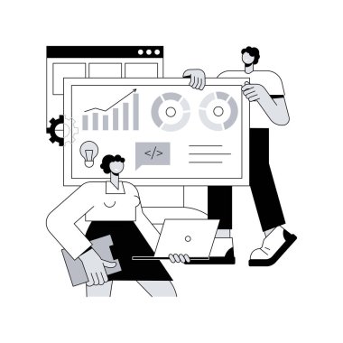 Sistem yazılım geliştirme soyut konsept vektör çizimi. Hepsi bir yazılım çözümünde, çekirdek sistem modernizasyonu, web tabanlı yazılım, veritabanı sistemleri ve uygulamalar soyut metafor oluşturur.