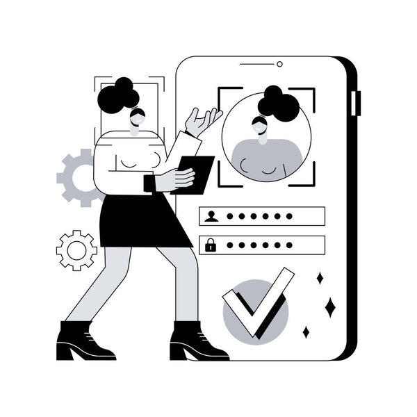 Технологии верификации абстрактная векторная иллюстрация понятия. Процесс проверки, доступ к данным, пароль пользователя, аккаунт в социальных сетях, сканирование радужной оболочки глаза, распознавание лиц, абстрактная метафора безопасности.