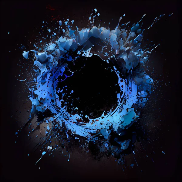 Blue paint circle splash isolated on black background. Blue color acrylic blots abstract splashes. Grunge circle frame design.