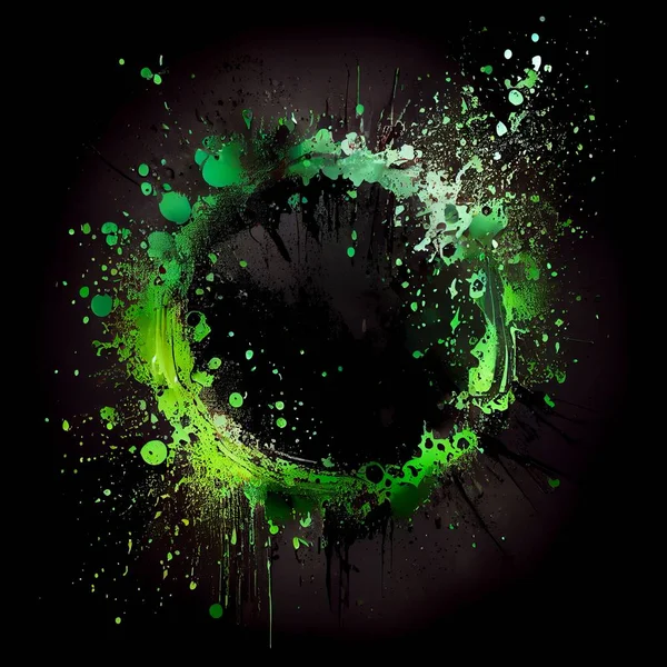 Green paint circle splash isolated on black background. Green color acrylic blots abstract splashes. Grunge circle frame design.