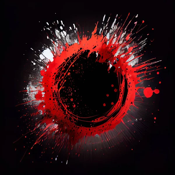 Red paint circle splash isolated on black background. Red color acrylic blots abstract splashes. Grunge circle frame design.