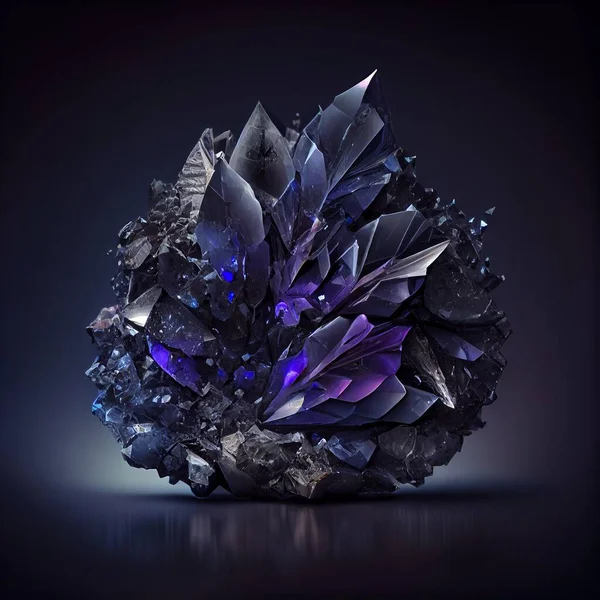 Shiny blue crystal Iolite gem isolated on black background. Natural precious mineral stone artistic illustration. Decorative purple-ultramarine Iolite crystal gemstone realistic poster.