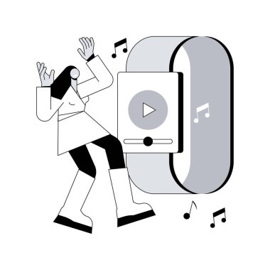 Taşınabilir medya oynatıcısı olarak Smartwatch soyut konsept vektör çizimi. Giyilebilir müzik, kablosuz medya kontrolü, mobil medya uygulamaları, kompakt sesli video çalma desteği soyut metafor.