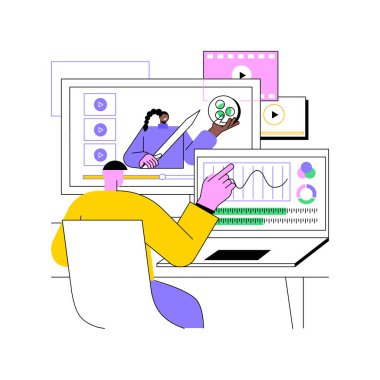 İzole edilmiş çizgi film vektör çizimleri düzenleniyor. Genç çocuğun film yapımcılığı dersleri var, video kurgu yazılımı kullanıyor ve çevrimiçi hobi, yaratıcı vektör karikatürü izliyor..