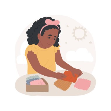 Fabrics isolated cartoon vector illustration. Box with fabrics with different texture, child touching piece of cloth, montessori method, kid exploring material, tactile sense vector cartoon.