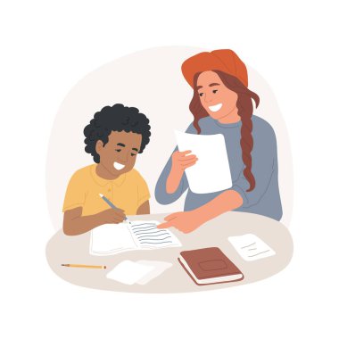 Homework help club isolated cartoon vector illustration. Older student explaining helps with homework with child, student meetup, tutoring club, study together after school vector cartoon.