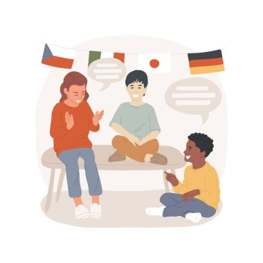 Dünya dilleri karikatür vektör illüstrasyonunu izole etti. Çocuklar için yabancı diller, sınıflarda dünyanın bayrakları, ilkokul seçmeli programı, çocuklar birlikte vektör karikatürü konuşuyor..