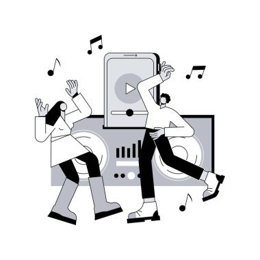 Kenetlenme istasyonu soyut konsept vektör çizimi. Ses doklama istasyonu, elektronik aygıt, müzik çal, şarj et, kulaklık tak, kablosuz hoparlör, ev ağı soyut metaforu.