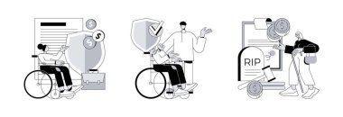 Devlet harçlığı soyut konsept vektör çizimi seti. Engelli sigortası, katkı payı olmayan yardım, ölüm yardımı, engelli kişi, ev hemşiresi, araba kazası, acil durum ödemesi soyut metafor.