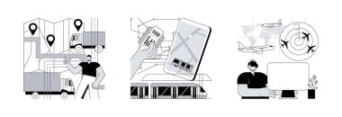 Ulaşım sistemi soyut konsept vektör illüstrasyon seti. Ulusal ve bölgesel ulaşım, hava trafik kontrolü, araba sürücüsü, yolcu kartı, bilet ofisi, havaalanı radarları soyut metafor.