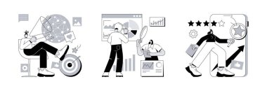 Küresel pazarlama stratejisi soyut konsept vektör çizimi. Makropazarlama, rekabetçi analiz, çevrimiçi itibar yönetimi, pazar analizi, dijital görüntü, sosyal medya soyut metaforu.