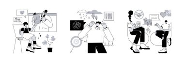 Zihinsel sağlık soyut konsept vektör çizimi seti. Psikolog servisi, anksiyete, sosyal etkileşim becerileri, aile psikolojisi, çocuk terapisi, panik atak, sosyal ağ soyut metaforu.