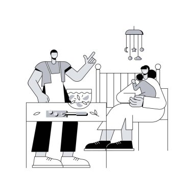 Babam anne soyut konsept vektör illüstrasyonunu destekliyor. Baba ev işlerine yardım ediyor, anne desteği, emzirme, el ele tutuşma, babalar günü, yorgun anne, aileler soyut metafora sarılıyor..