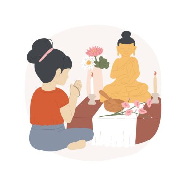 Home shrine isolated cartoon vector illustration. Little girl praying at home altar in front of mirror, everyday Buddhism religious rituals, children worship, spiritual practice vector cartoon.