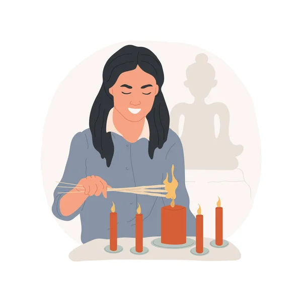 Lighting Incense Sticks Isolated Cartoon Vector Illustration Buddhist Woman Praying — Archivo Imágenes Vectoriales