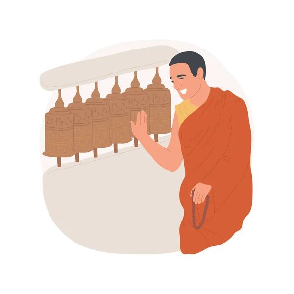 Prayer wheels isolated cartoon vector illustration. Buddhism man touching prayer wheels, religious Holy days, Tibetian observances and practices, spirituality belief vector cartoon.