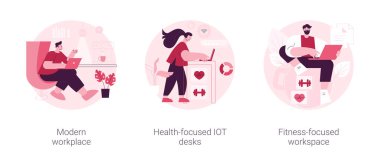 Modern ofis soyut konsept vektör çizimi seti. Modern işyeri, sağlık odaklı IOT masaları, fitness odaklı yaşam tarzı, çalışanların mutluluğu ve refahı, soyut metaforun izlenmesi.
