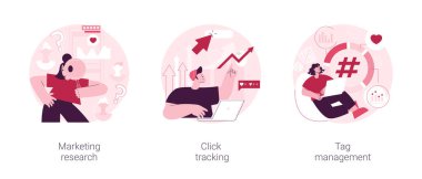 Analitik yazılım soyut konsept vektör çizimi seti. Pazarlama araştırması, tıklama izleme, etiket yönetimi, odak grubu, hedef kitle, veri toplama, dijital anket soyut metaforu.