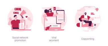 Dijital pazarlama soyut konsept vektör illüstrasyon seti. Sosyal ağ tanıtımı, viral içerik, içerik metin yazımı, yorum ve paylaşım, takipçiler yüksek katılım, İnternet mim soyut metafor.