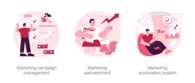 Reklam kampanyası soyut konsept vektör çizimi seti. Pazarlama kampanyası yönetimi ve yatırımı, otomasyon sistemi, crm yazılımı, sosyal medya metrikleri, çevrimiçi platform soyut metaforu.