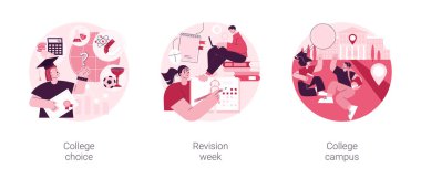 Kariyer seçimi soyut konsept vektör çizimi seti. Üniversite seçimi, revizyon haftası, kampüs turu, kariyer değerlendirme testi, zaman çizelgeleri ve planlama, yüksek öğrenim soyut metaforu.