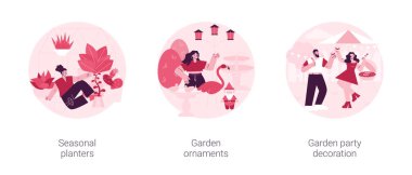 Bahçe dekorasyonu fikirleri soyut konsept vektör illüstrasyon seti. Mevsimlik ekiciler, bahçe süsleri, açık hava parti dekorasyonu, manzara tasarımı, kuş banyosu, rüzgar çanı, online soyut metafor..