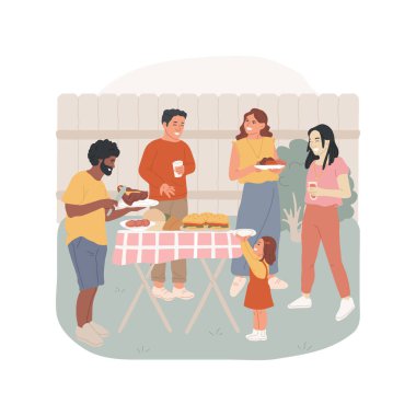 Neighbors meeting isolated cartoon vector illustration. Diverse people around the table outdoors, holding plates in hands, friendly meeting, local food fest, neighbor gathering vector cartoon.