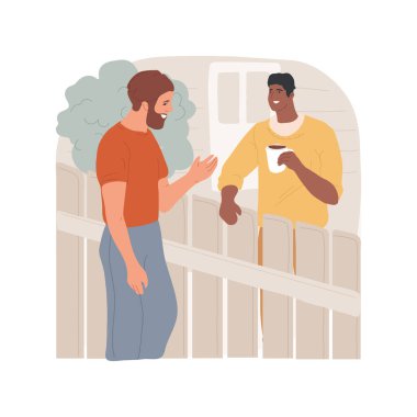 Good neighbours isolated cartoon vector illustration. Neighbors speaking through the fence, cups of coffee in hands, casual talk, outdoor meeting, good friendly relationship vector cartoon.
