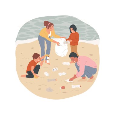 Seashore clean up isolated cartoon vector illustration. Beach clean up, community activism, ecological volunteering, people collecting plastic at the seashore, ocean pollution vector cartoon.