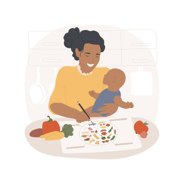Baby food chart isolated cartoon vector illustration. Young mom making a baby food chart, food habits, people, healthy lifestyle, balanced diet for kid, nutrition for toddler vector cartoon.