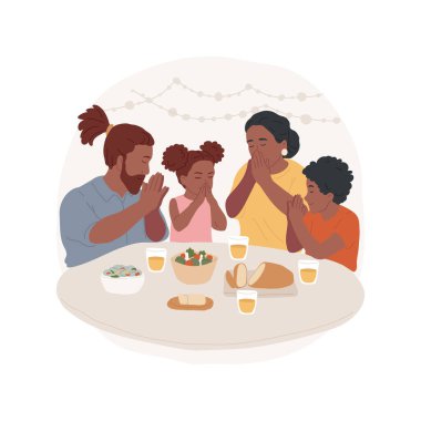 Prayer before meal isolated cartoon vector illustration. Christian family members praying at the table before eating food, everyday religion rituals, devotion to faith vector cartoon.