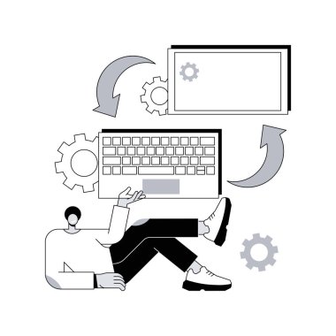 Çıkarılabilir cihaz teknolojisi soyut konsept vektör çizimi. Çıkarılabilir dizüstü bilgisayar, sökülebilir bilgisayar klavyesi, modüler elektronik cihaz, ayrılabilir teknoloji soyut metafor.