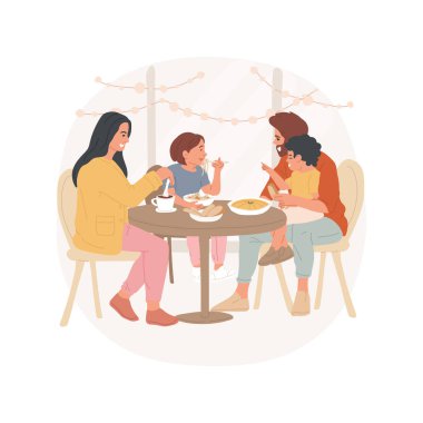 Eating at the restaurant isolated cartoon vector illustration. Happy parents with kids eating in a cafe, people having dinner together, family lifestyle, food habits vector cartoon.