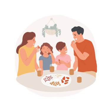 Healthy snacks isolated cartoon vector illustration. Happy family members eating snacks, baby carrots and nuts, healthy lifestyle, good food habits, diet support vector cartoon.