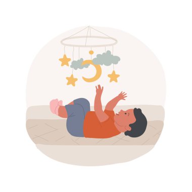 Baby mobile isolated cartoon vector illustration. Smiling kid lying in crib looking at baby mobile, hanging toy carousel, newborn bedtime, sleep pacifyer, infant plays alone vector cartoon.