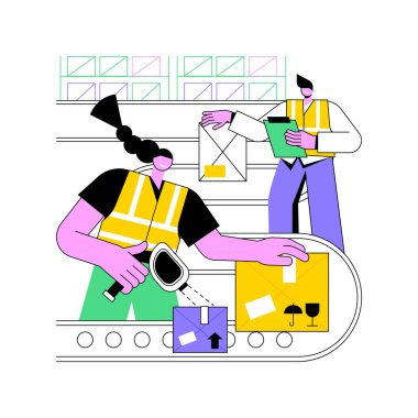Goods-to-person technology isolated cartoon vector illustrations. Warehouse workers control goods-to-person order fulfillment method, inventory technologies, conveyor belt vector cartoon.
