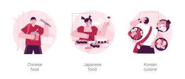 Asya yemekleri soyut konsept vektör çizimi seti. Çin ve Japon yemekleri, Kore mutfağı, hazır restoran, Çin yemeği, suşi servisi, gurme pazarı, doğu menüsü soyut metaforu..