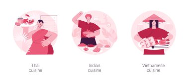 Doğu mutfağı soyut konsept vektör çizimi seti. Tayland, Hint ve Vietnam mutfağı, baharatlı tat, Asya tarifi, ev yapımı köri, vejetaryen menü, Çin böreği, şehriye soyut metafor.