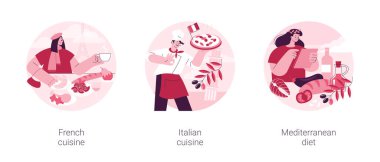 Klasik Avrupa mutfağı soyut konsept vektör çizimi seti. Fransız ve İtalyan mutfağı, Akdeniz diyeti, iyi yemek restoranı, spagetti tarifi, sağlıklı beslenme, gurme soyut metafor.