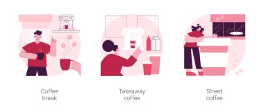 Kahve soyut konsept vektör illüstrasyon setini iç. Kahve molası, ev yapımı sıcak içecek, sokak kapuçino kültürü, kafein dozunun yükseltilmesi, otomat, kağıt bardak soyut metafor..