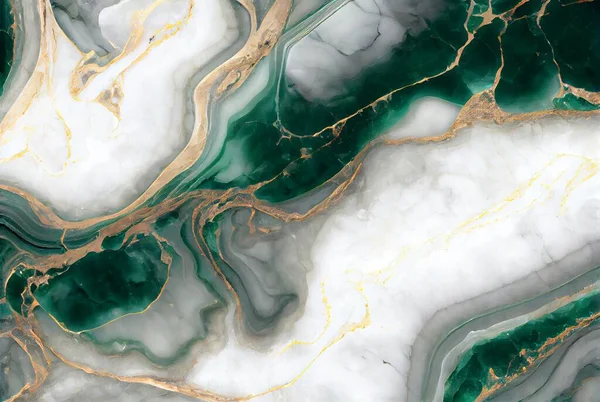 White marble with gold and green emerald surface abstract background. Decorative acrylic paint pouring rock marble texture. Horizontal natural green and gold abstract pattern.