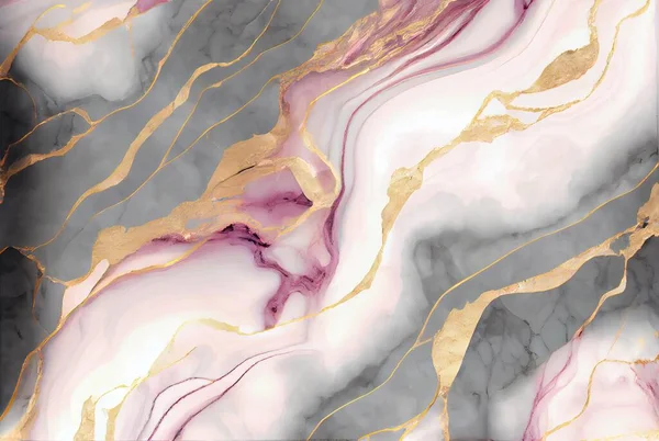 White marble with with gold and pink sapphire surface abstract background. Decorative acrylic paint pouring rock marble texture. Horizontal natural pink and gold abstract pattern.