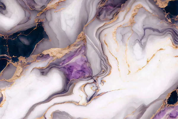 White marble with with gold and violet amethyst surface abstract background. Decorative acrylic paint pouring rock marble texture. Horizontal natural gold and purple abstract pattern.