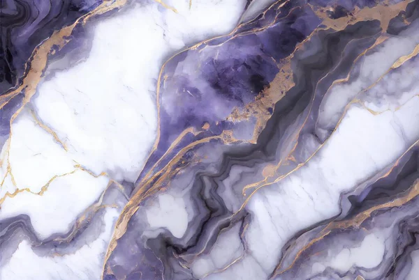 White marble with with gold and violet tanzanite surface abstract background. Decorative acrylic paint pouring rock marble texture. Horizontal natural gold and purple abstract pattern.