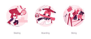 Kış sporları soyut konsept vektör çizimi seti. Buz pateni, kayak ve kayak, açık hava buz pateni pisti, snowboard dağı yamacı, tatil beldesi, ekstrem sporlar, serbest stil sürücüsü soyut metaforu..