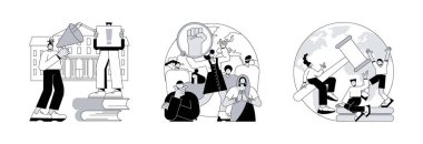 Sosyal hareket soyut konsept vektör illüstrasyonu seti. Öğrenci aktivizmi, gençlerin yetkilendirilmesi, gençlerin haklarının korunması, çoğunluğun yaşı, demokrasi inşası, soyut metaforlar kullanmak.